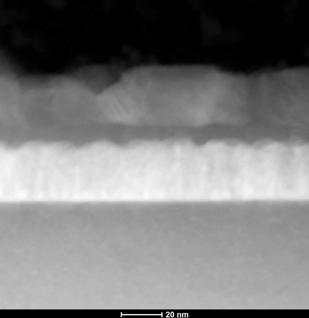 Cross-sectional microscopy of an experimental multilayer stack with a 20 nanometer scale bar