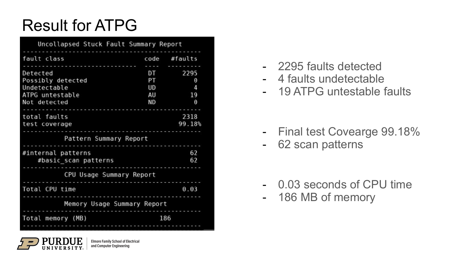 ATPG tool report showing 99.18 percent test coverage, 62 scan patterns, and the fault-class counts