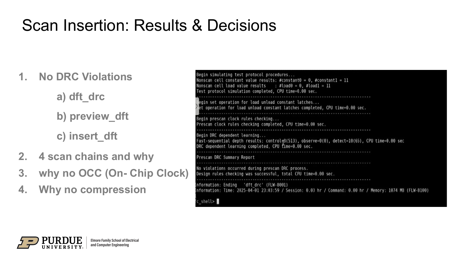 Team slide reporting four scan chains and a prescan DFT rule-check summary with no violations